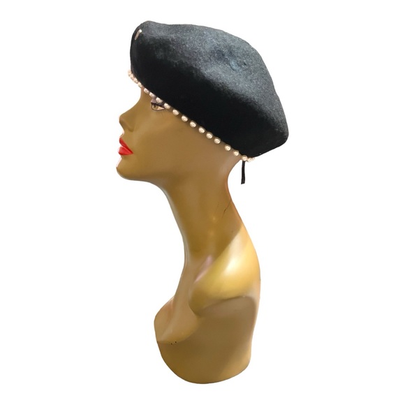Woman’s Pearl Lined Black Beret Hat  Small - Picture 5 of 7